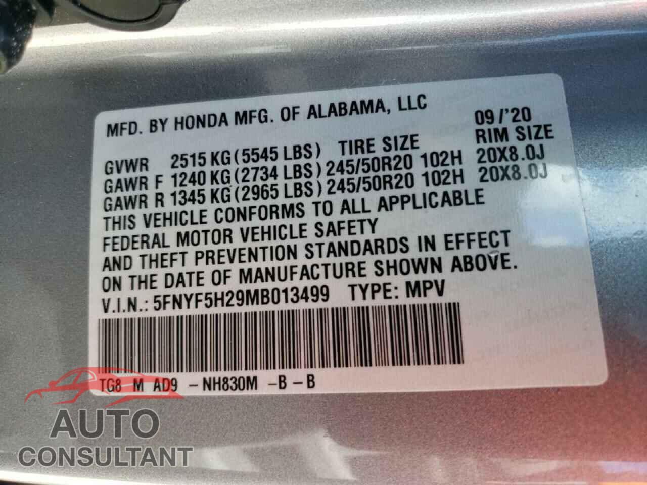 HONDA PILOT 2021 - 5FNYF5H29MB013499