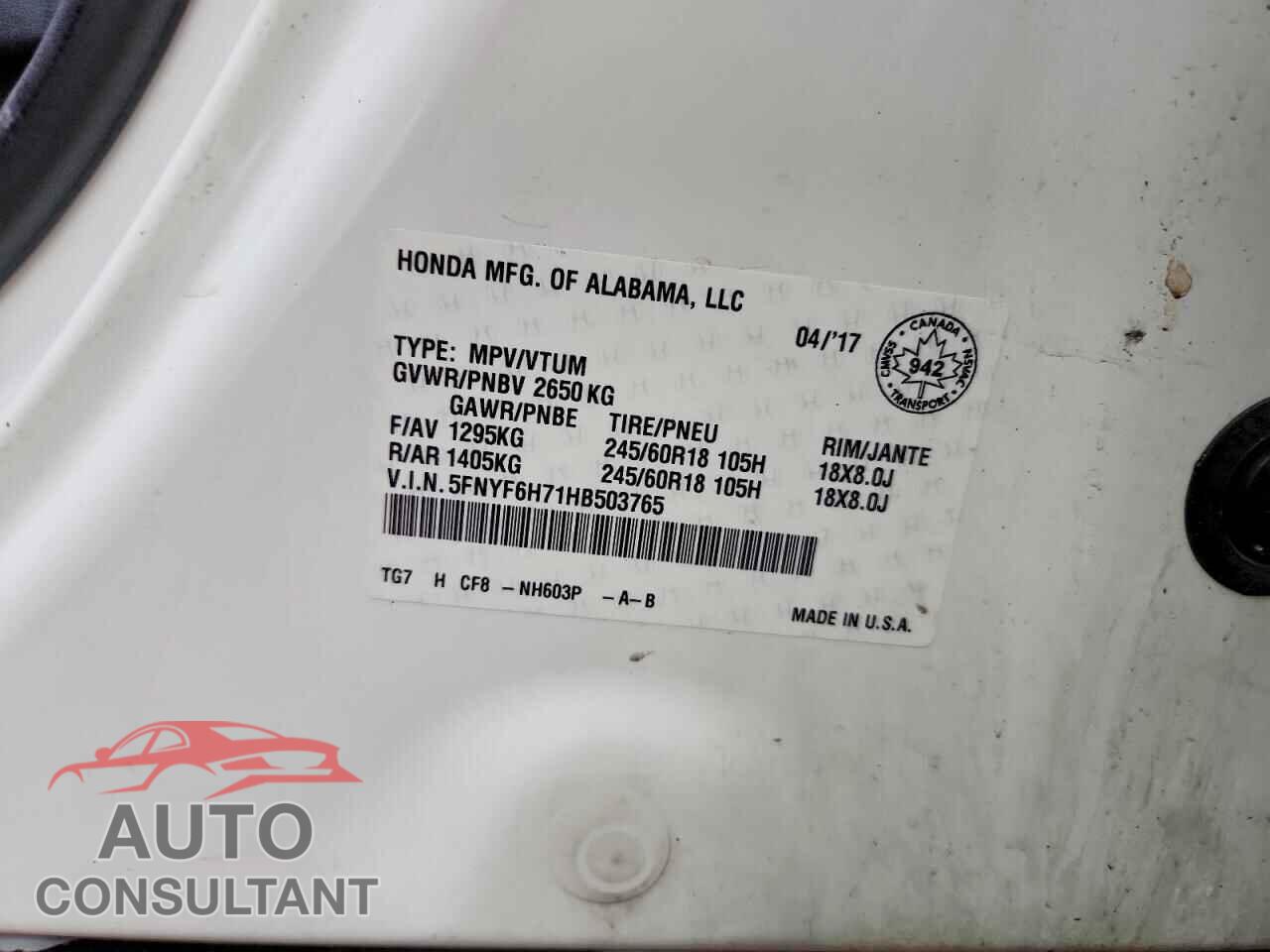 HONDA PILOT 2017 - 5FNYF6H71HB503765