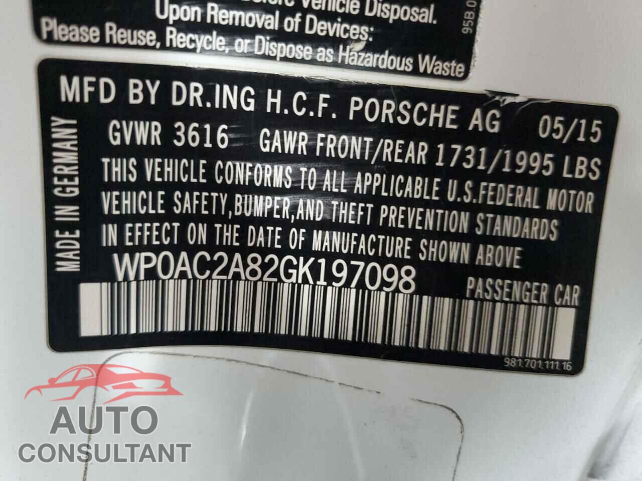 PORSCHE CAYMAN 2016 - WP0AC2A82GK197098