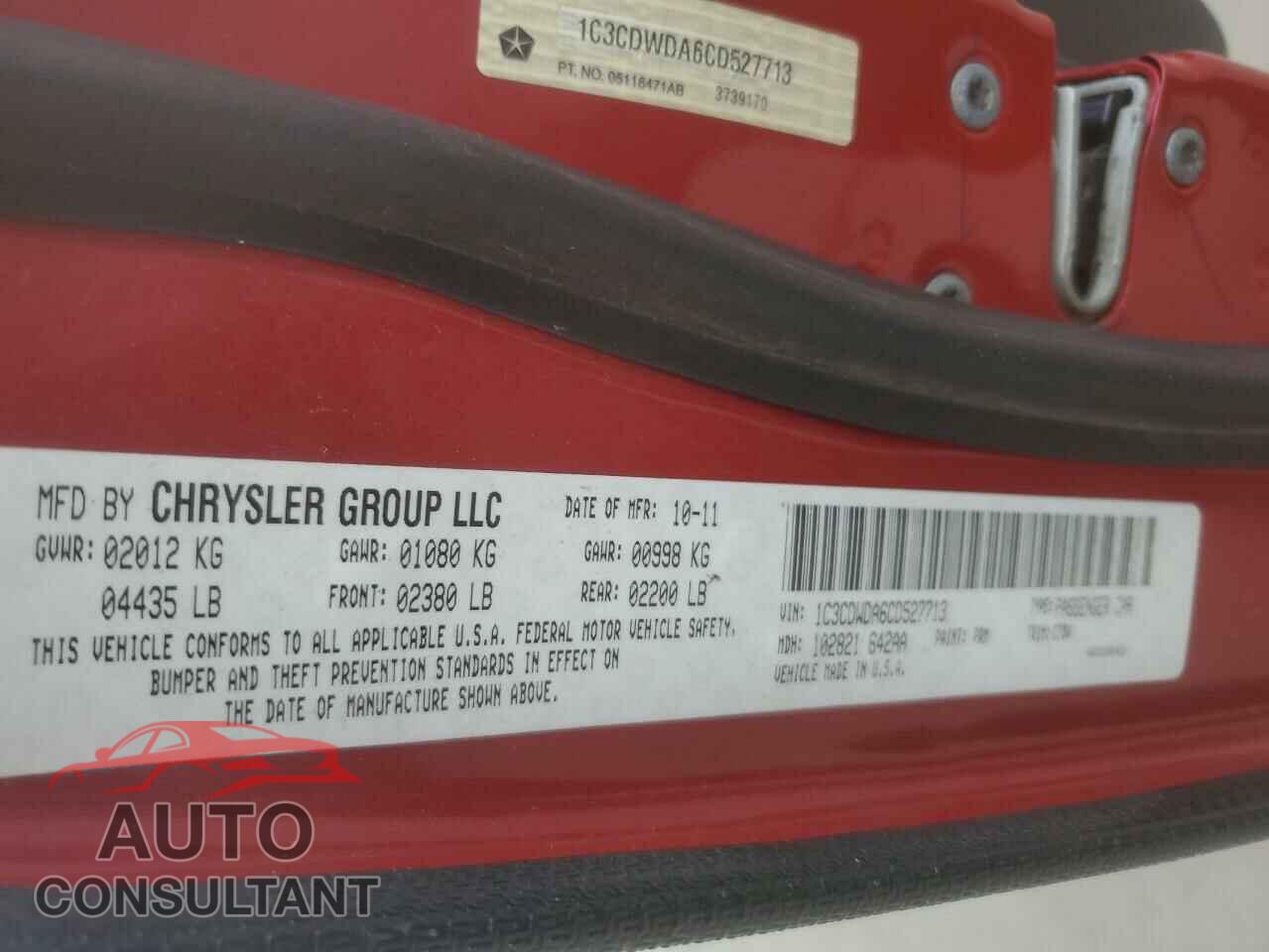 DODGE CALIBER 2012 - 1C3CDWDA6CD527713