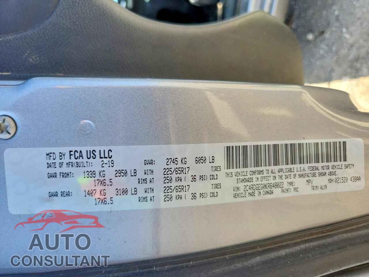 DODGE CARAVAN 2019 - 2C4RDGEG0KR648022