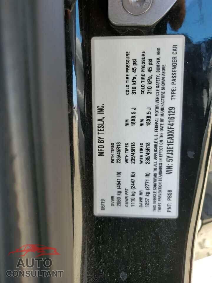 TESLA MODEL 3 2019 - 5YJ3E1EAXKF416129