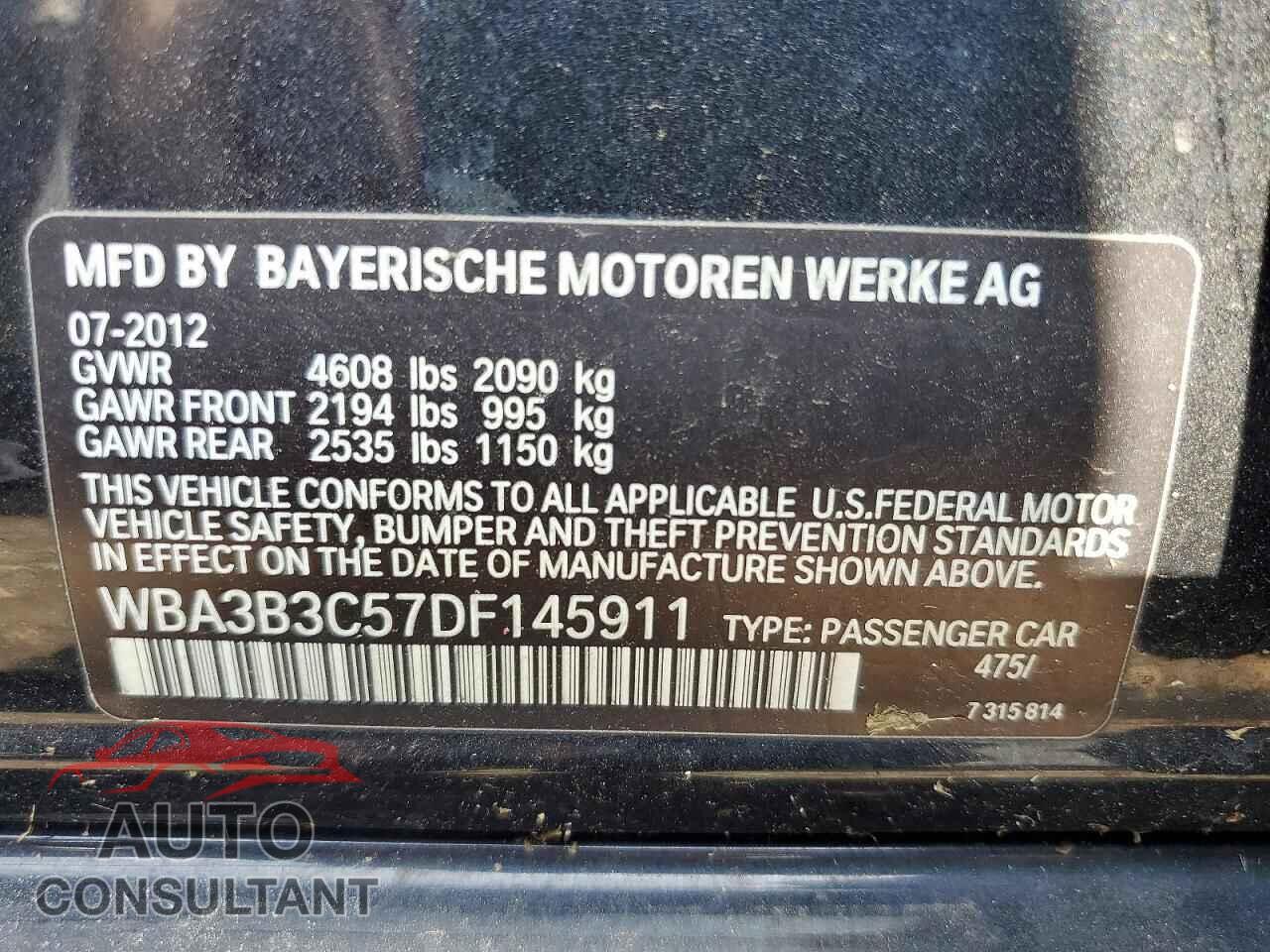 BMW 3 SERIES 2013 - WBA3B3C57DF145911
