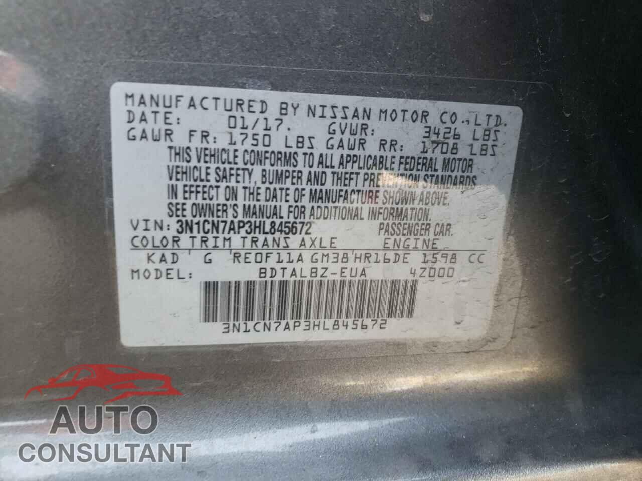 NISSAN VERSA 2017 - 3N1CN7AP3HL845672