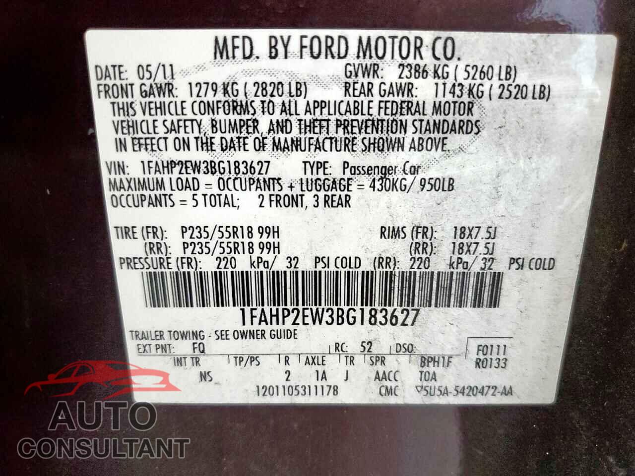 FORD TAURUS 2011 - 1FAHP2EW3BG183627