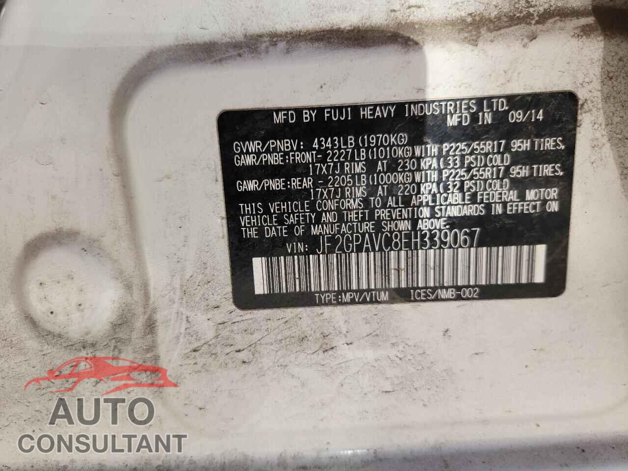 SUBARU XV 2014 - JF2GPAVC8EH339067