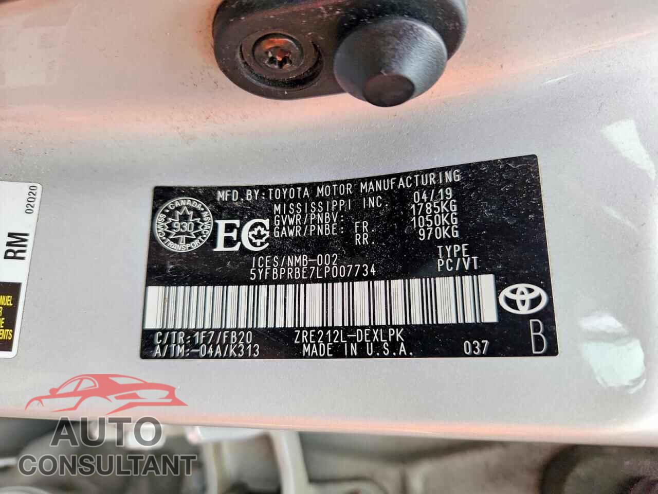 TOYOTA COROLLA 2020 - 5YFBPRBE7LP007734