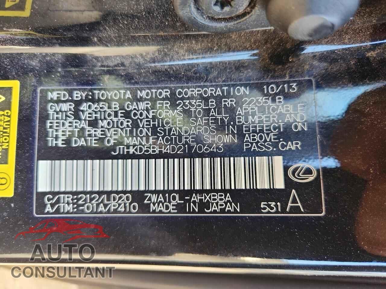 LEXUS CT 200 2013 - JTHKD5BH4D2170643