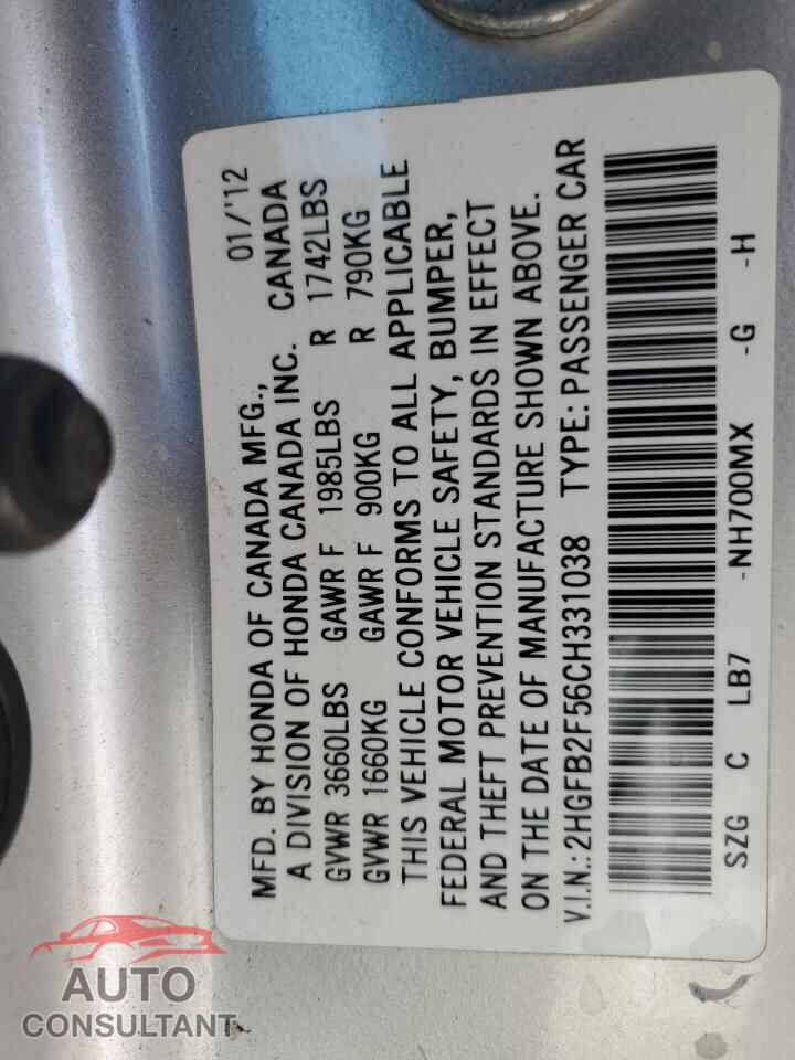 HONDA CIVIC 2012 - 2HGFB2F56CH331038