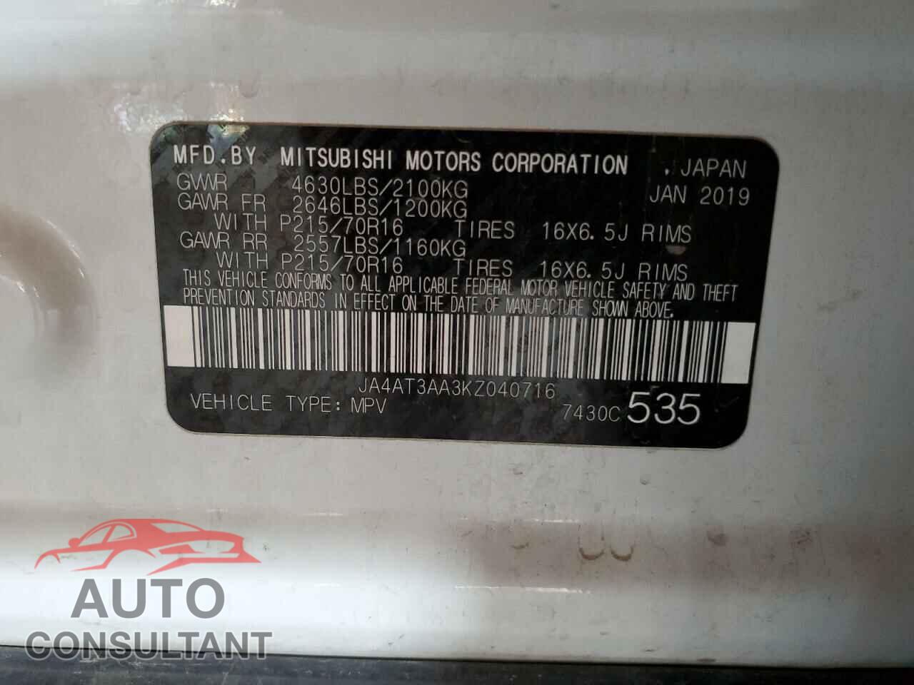 MITSUBISHI ECLIPSE 2019 - JA4AT3AA3KZ040716
