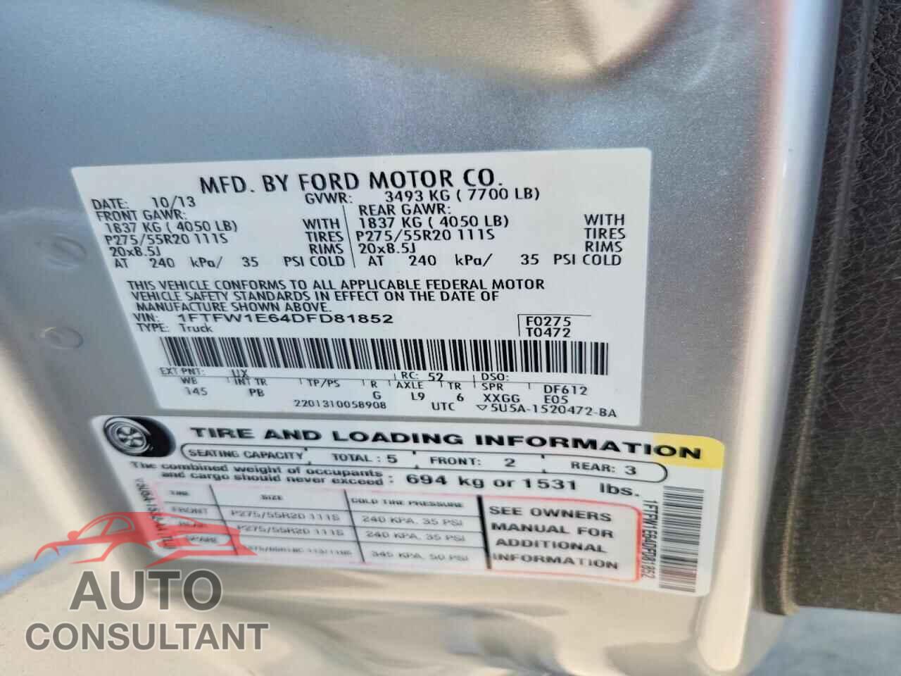FORD F150 2013 - 1FTFW1E64DFD81852
