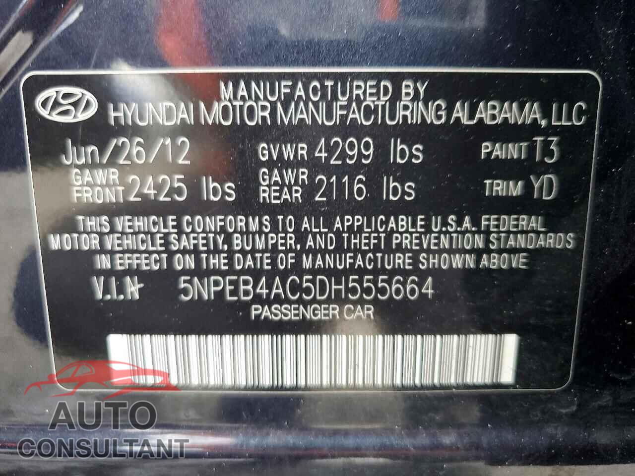 HYUNDAI SONATA 2013 - 5NPEB4AC5DH555664