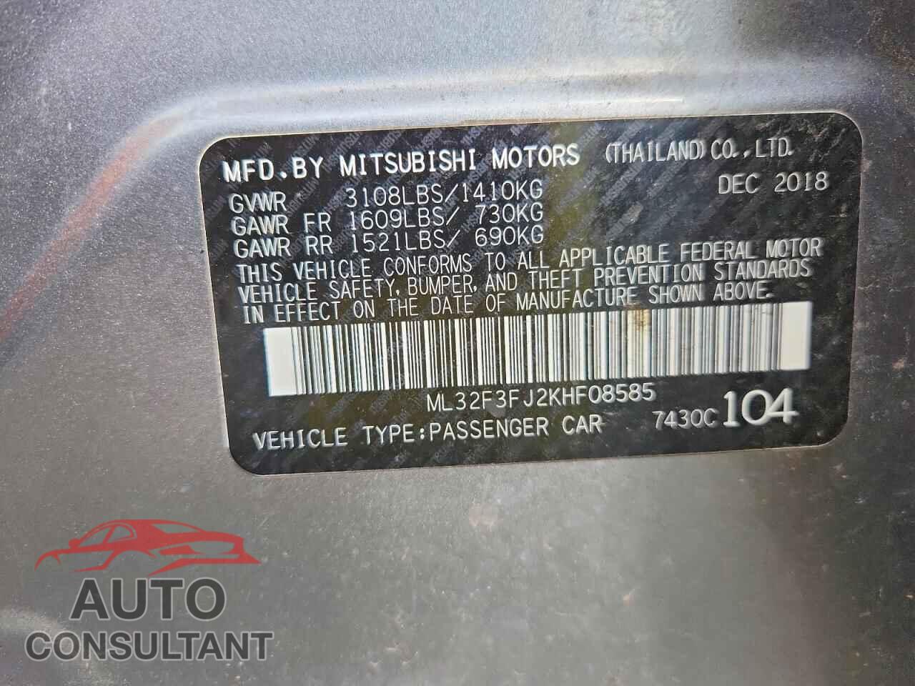 MITSUBISHI MIRAGE 2019 - ML32F3FJ2KHF08585