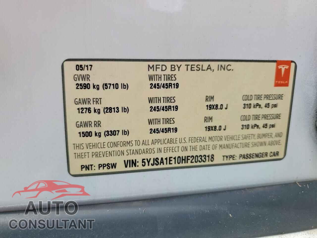TESLA MODEL S 2017 - 5YJSA1E10HF203318