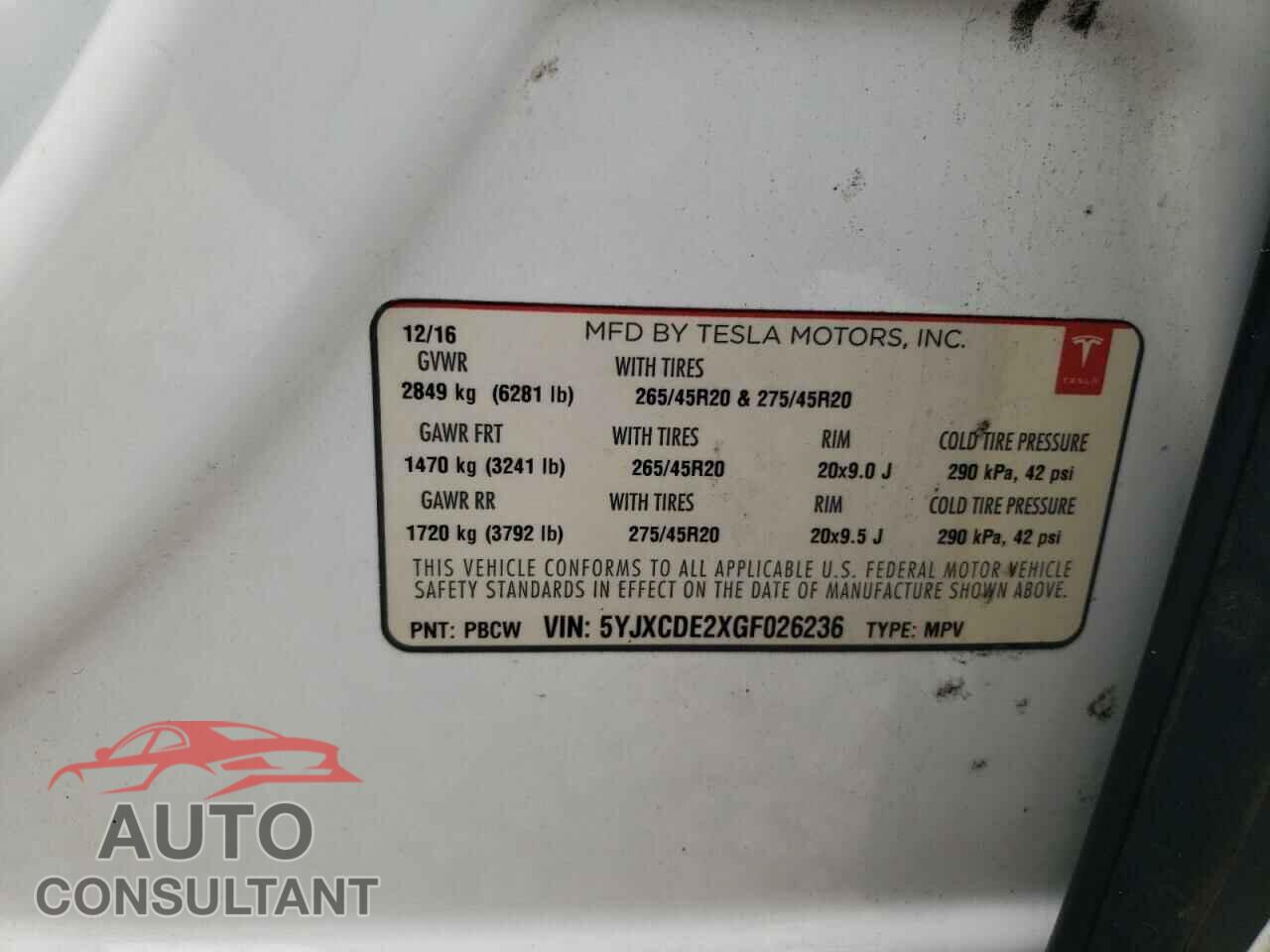 TESLA MODEL X 2016 - 5YJXCDE2XGF026236