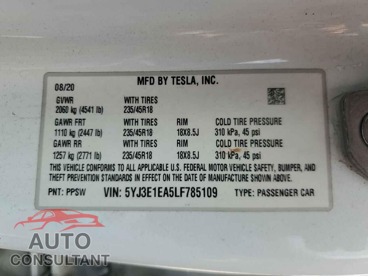 TESLA MODEL 3 2020 - 5YJ3E1EA5LF785109
