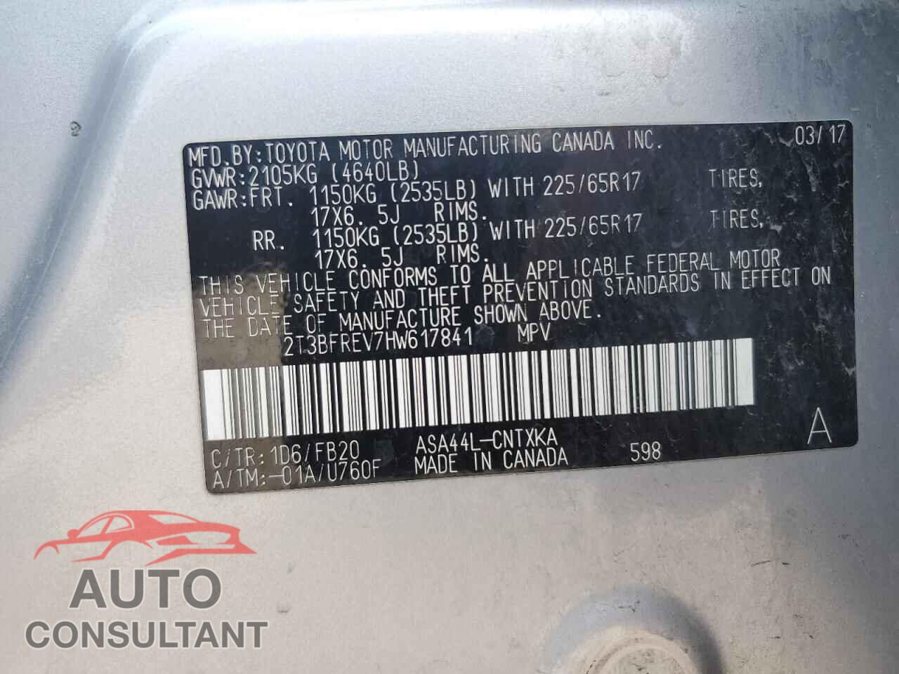 TOYOTA RAV4 2017 - 2T3BFREV7HW617841