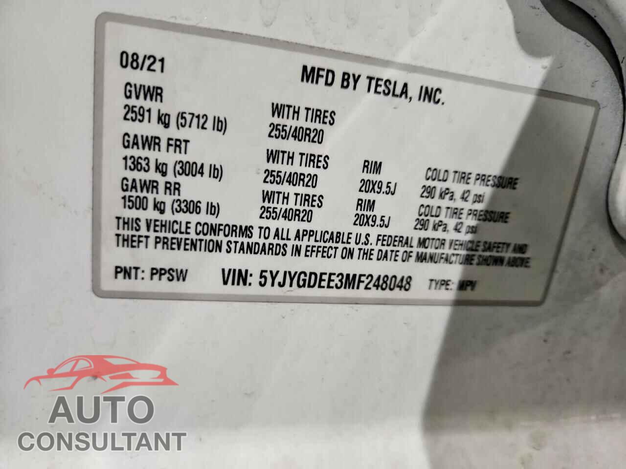 TESLA MODEL Y 2021 - 5YJYGDEE3MF248048