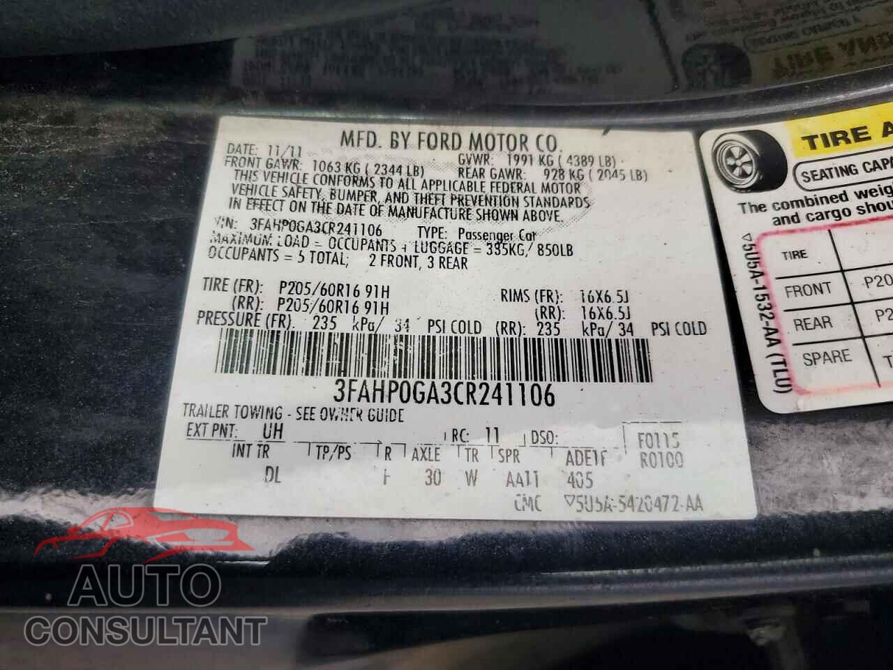 FORD FUSION 2012 - 3FAHP0GA3CR241106
