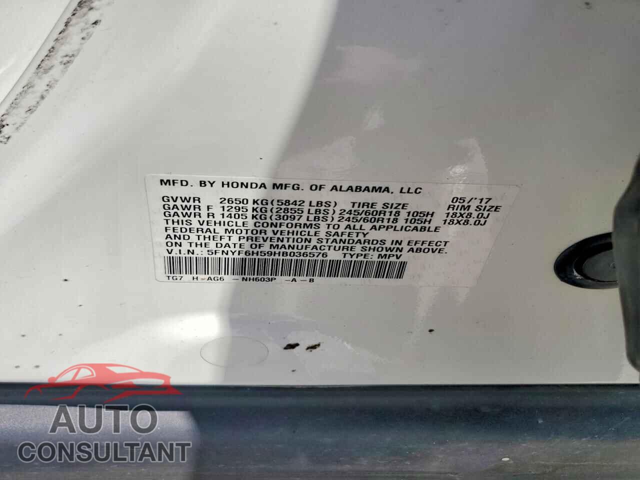 HONDA PILOT 2017 - 5FNYF6H59HB036576