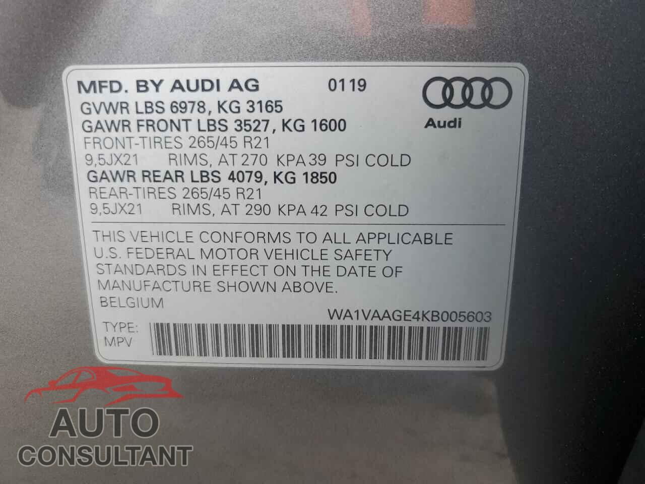 AUDI E-TRON 2019 - WA1VAAGE4KB005603