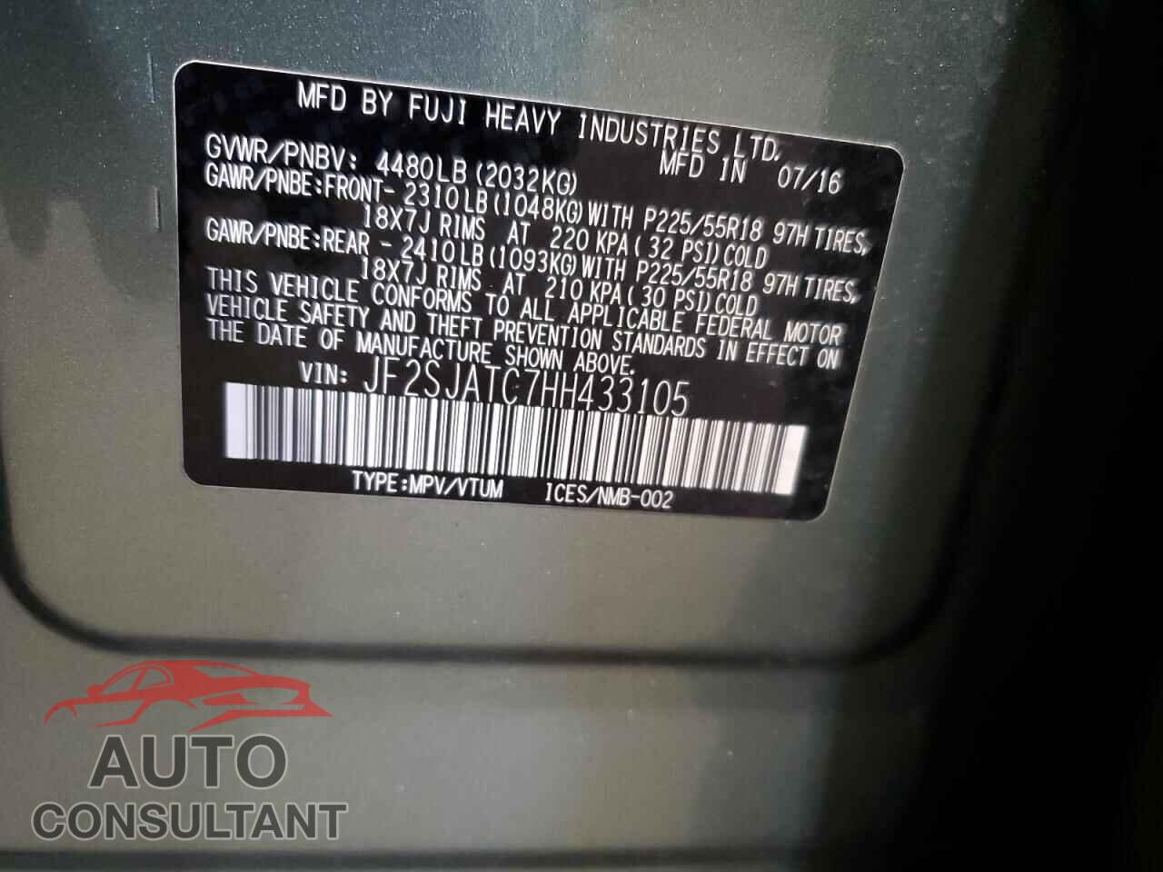 SUBARU FORESTER 2017 - JF2SJATC7HH433105