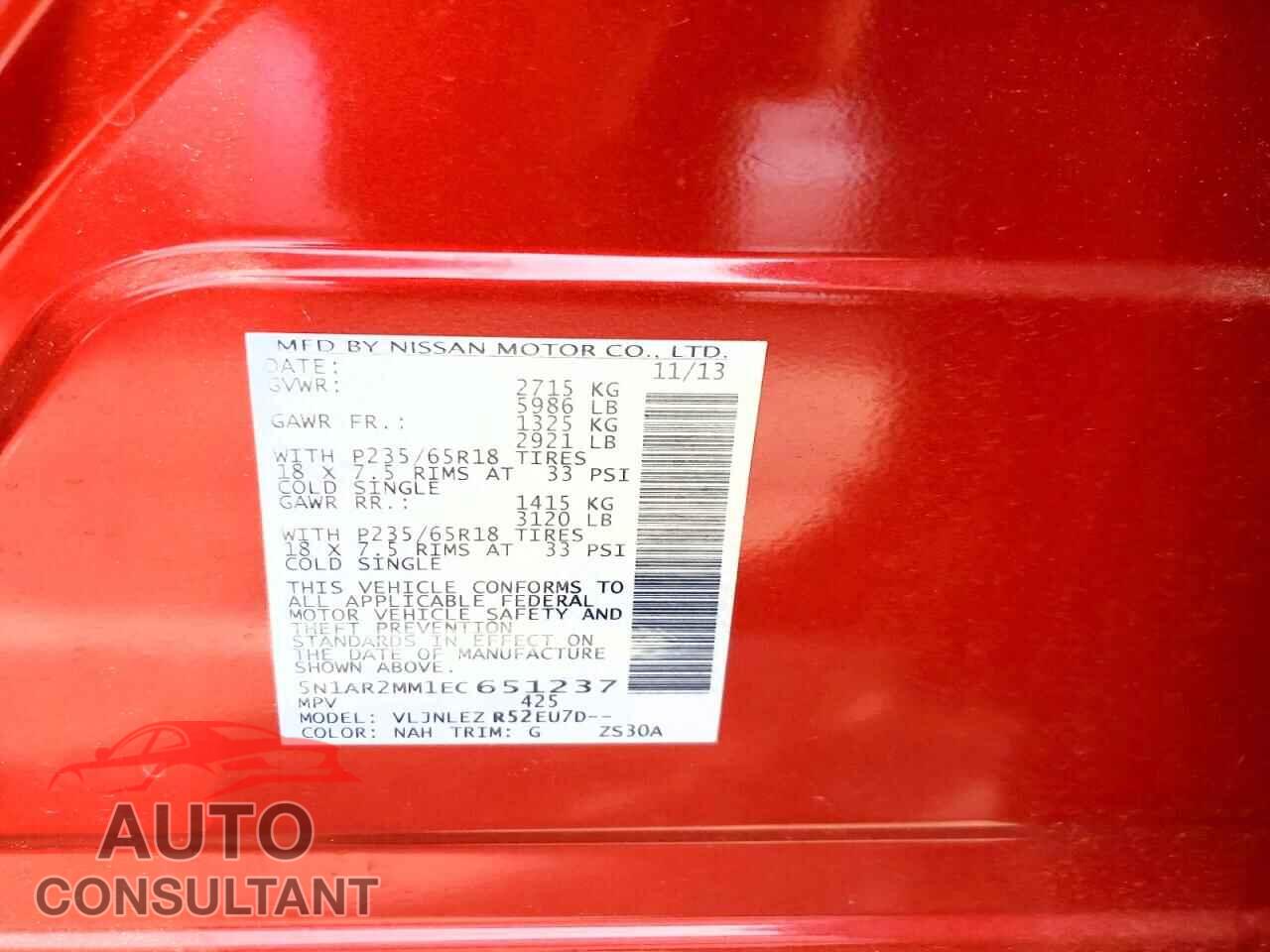 NISSAN PATHFINDER 2014 - 5N1AR2MM1EC651237