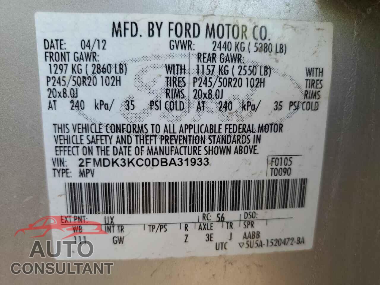 FORD EDGE 2013 - 2FMDK3KC0DBA31933
