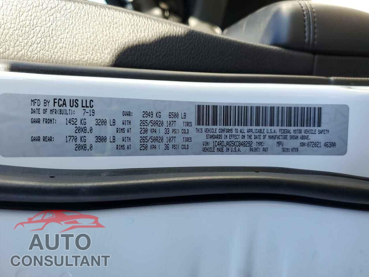 DODGE DURANGO 2019 - 1C4RDJAG5KC848292
