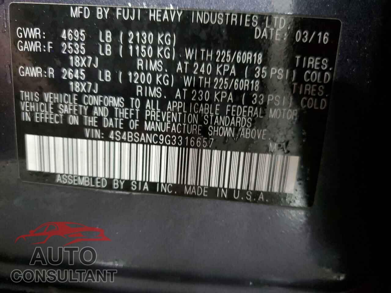 SUBARU OUTBACK 2016 - 4S4BSANC9G3316657