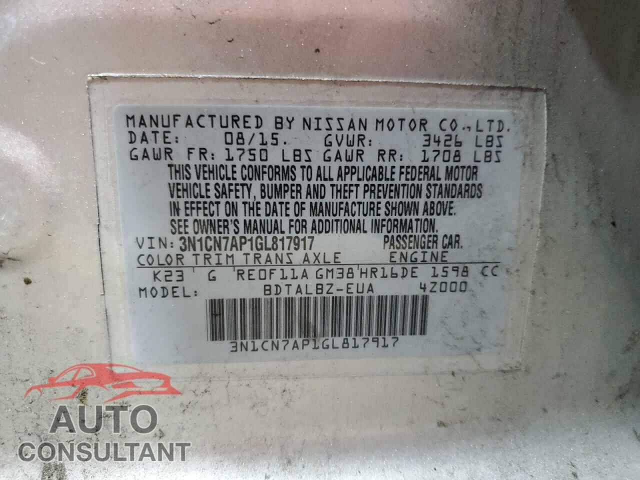 NISSAN VERSA 2016 - 3N1CN7AP1GL817917