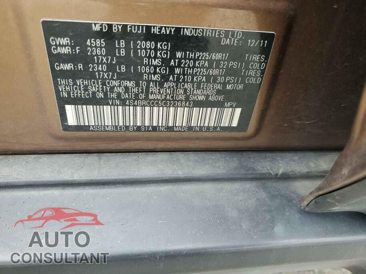 SUBARU OUTBACK 2012 - 4S4BRCCC5C3236843