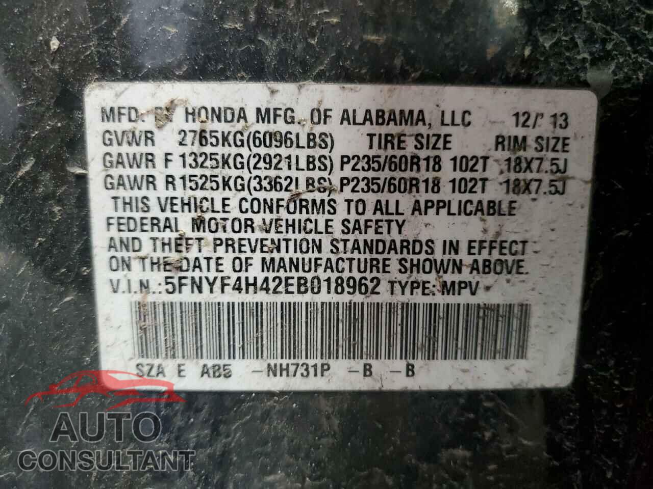 HONDA PILOT 2014 - 5FNYF4H42EB018962