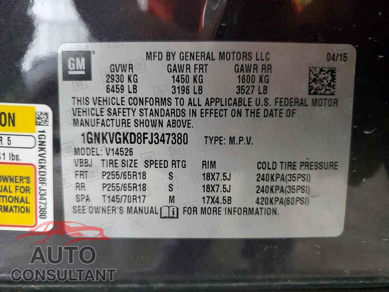 CHEVROLET TRAVERSE 2015 - 1GNKVGKD8FJ347380