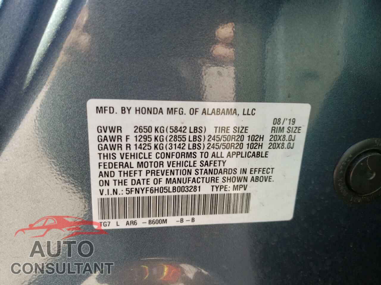 HONDA PILOT 2020 - 5FNYF6H05LB003281