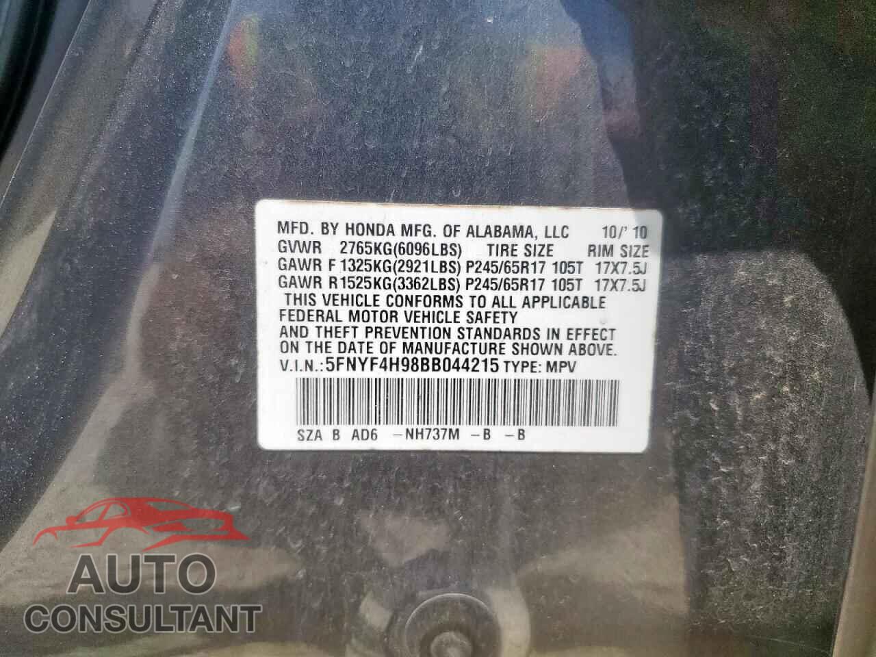 HONDA PILOT 2011 - 5FNYF4H98BB044215