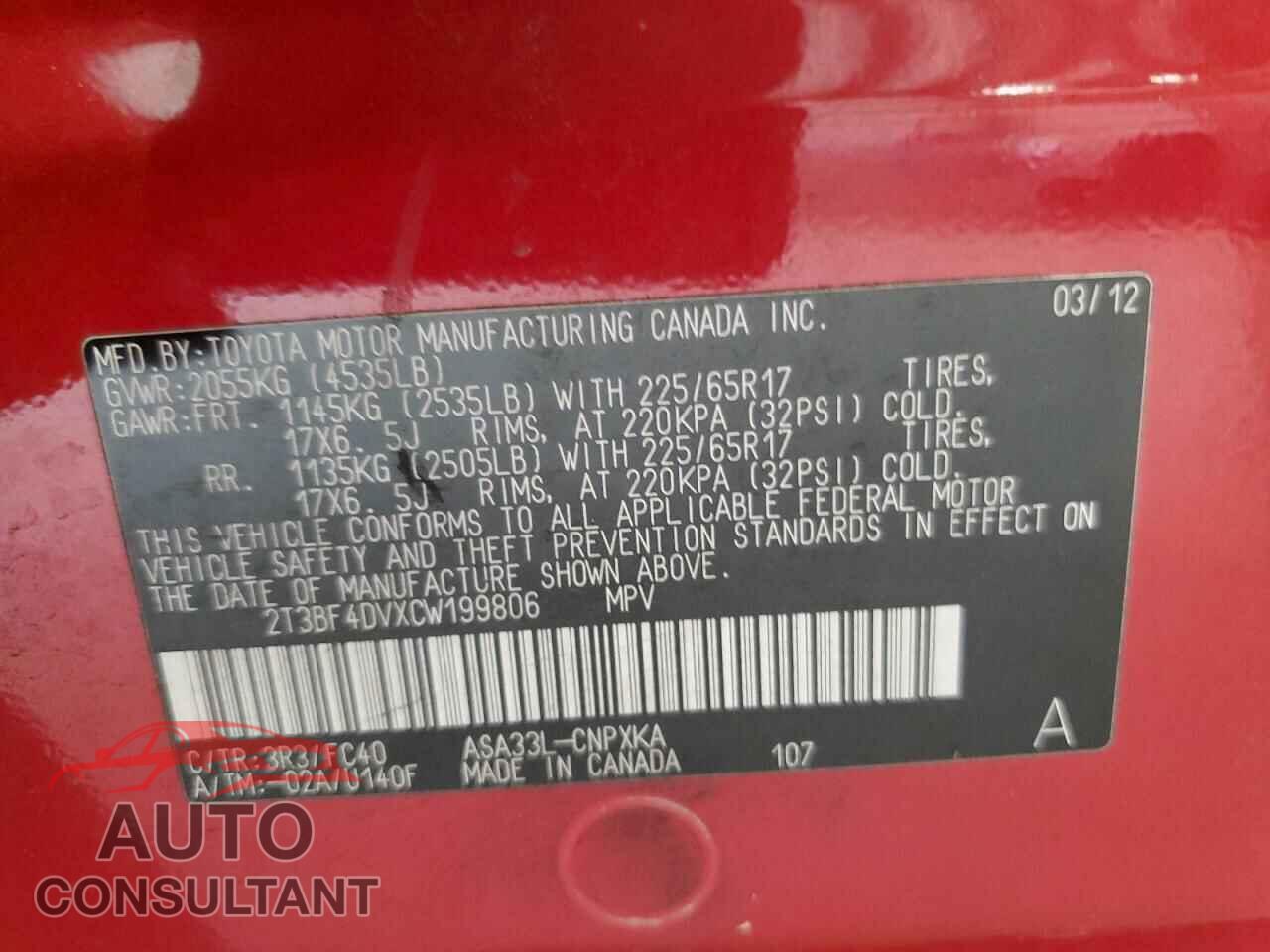 TOYOTA RAV4 2012 - 2T3BF4DVXCW199806
