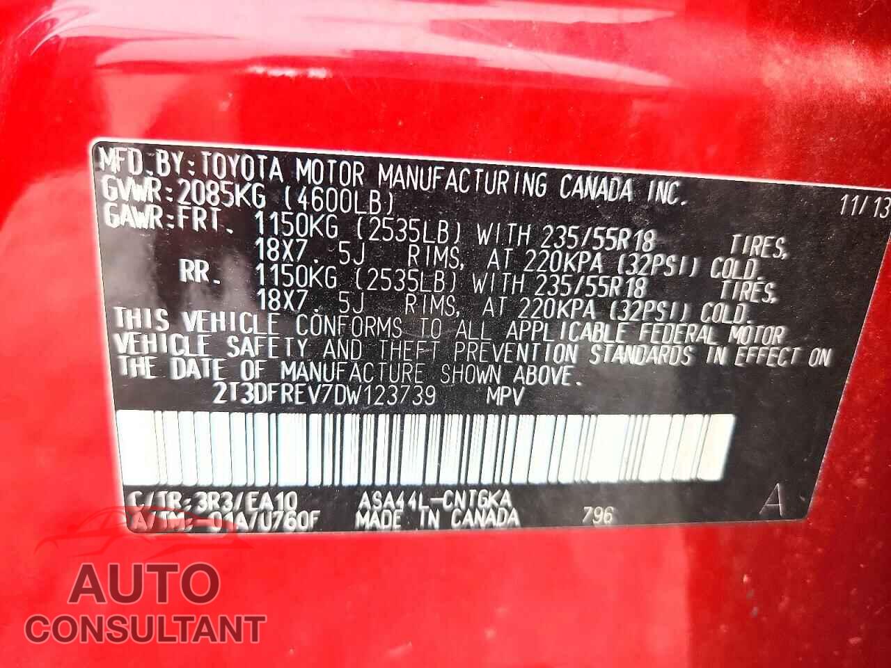 TOYOTA RAV4 2013 - 2T3DFREV7DW123739