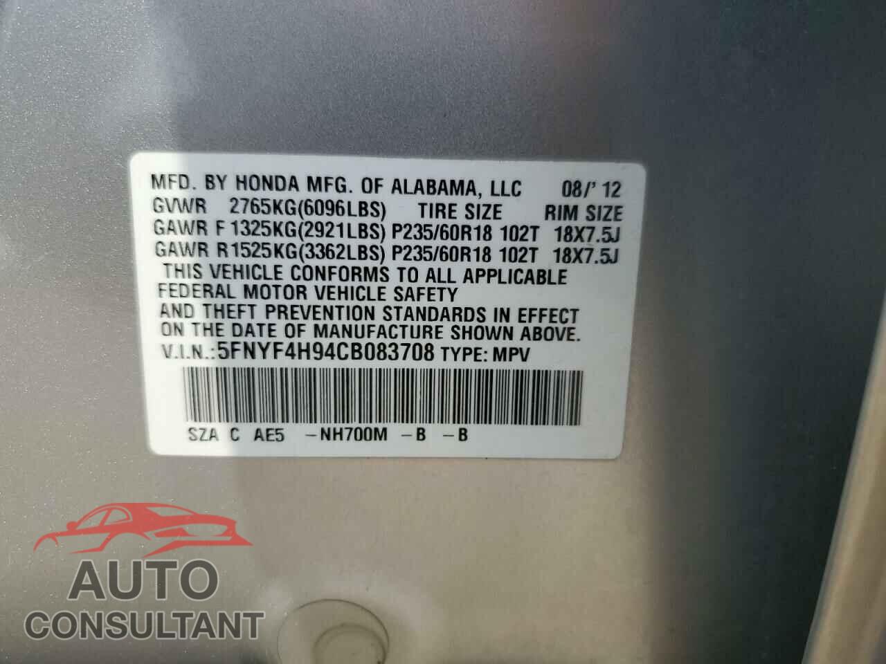 HONDA PILOT 2012 - 5FNYF4H94CB083708
