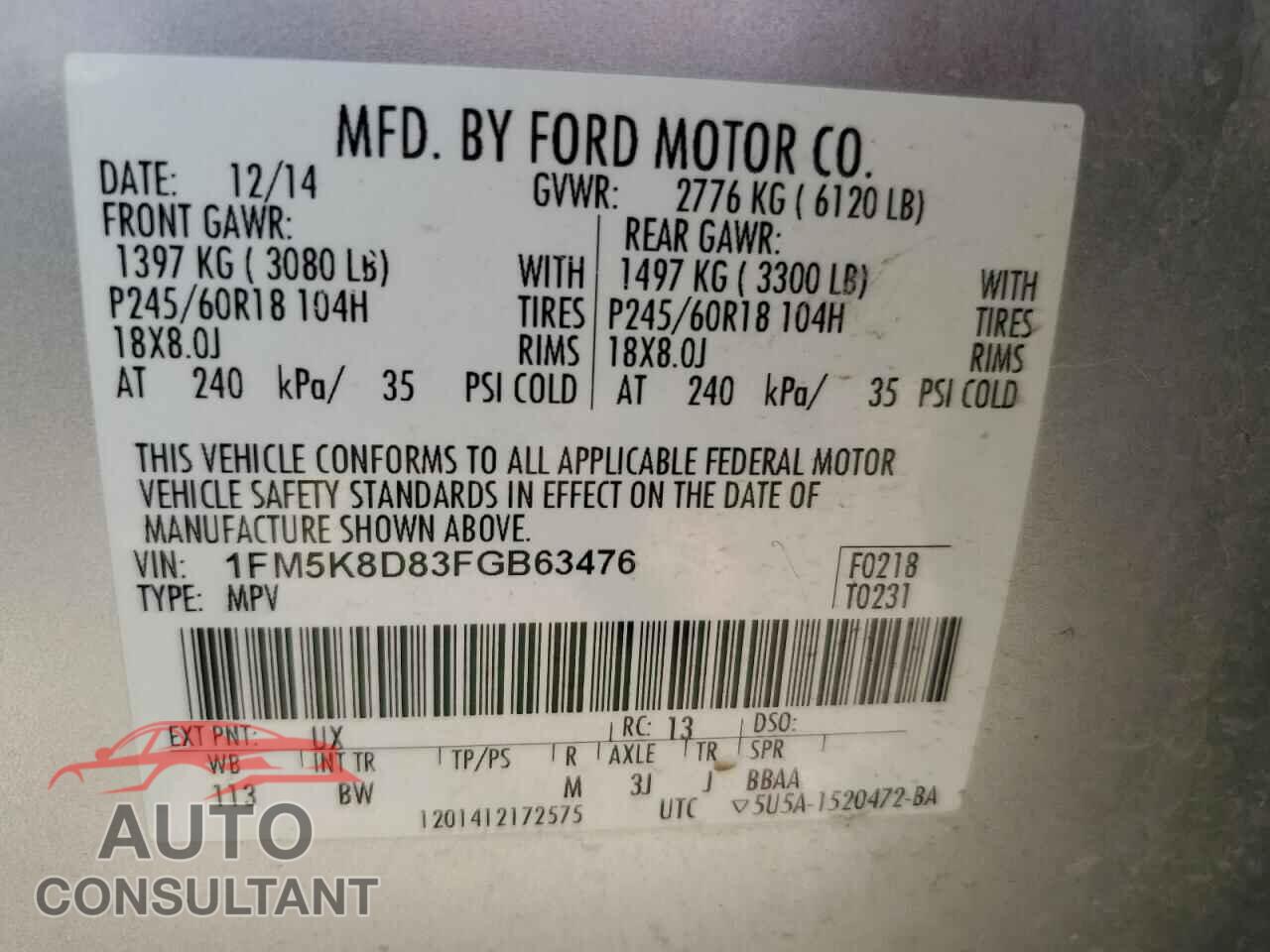 FORD EXPLORER 2015 - 1FM5K8D83FGB63476