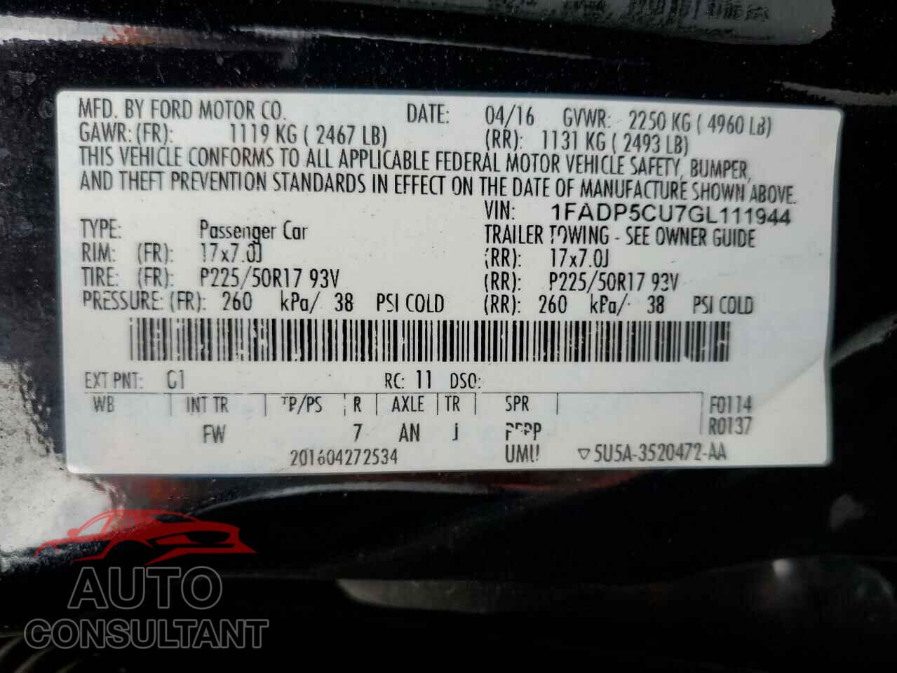 FORD CMAX 2016 - 1FADP5CU7GL111944