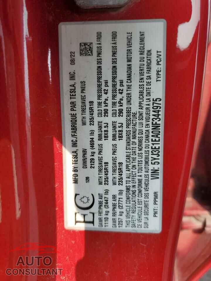 TESLA MODEL 3 2022 - 5YJ3E1EA0NF344975