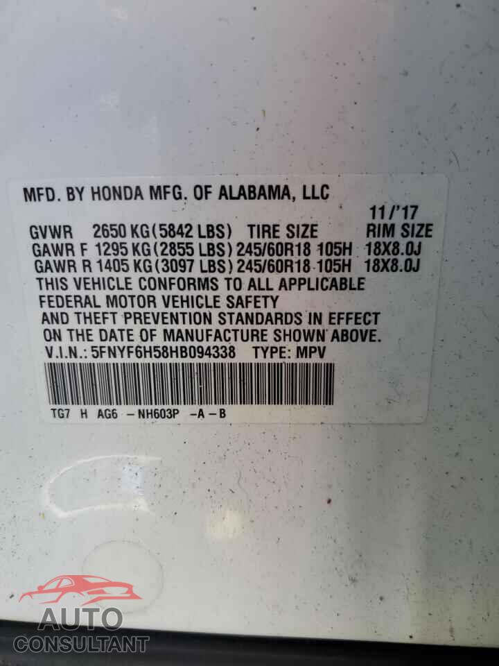 HONDA PILOT 2017 - 5FNYF6H58HB094338
