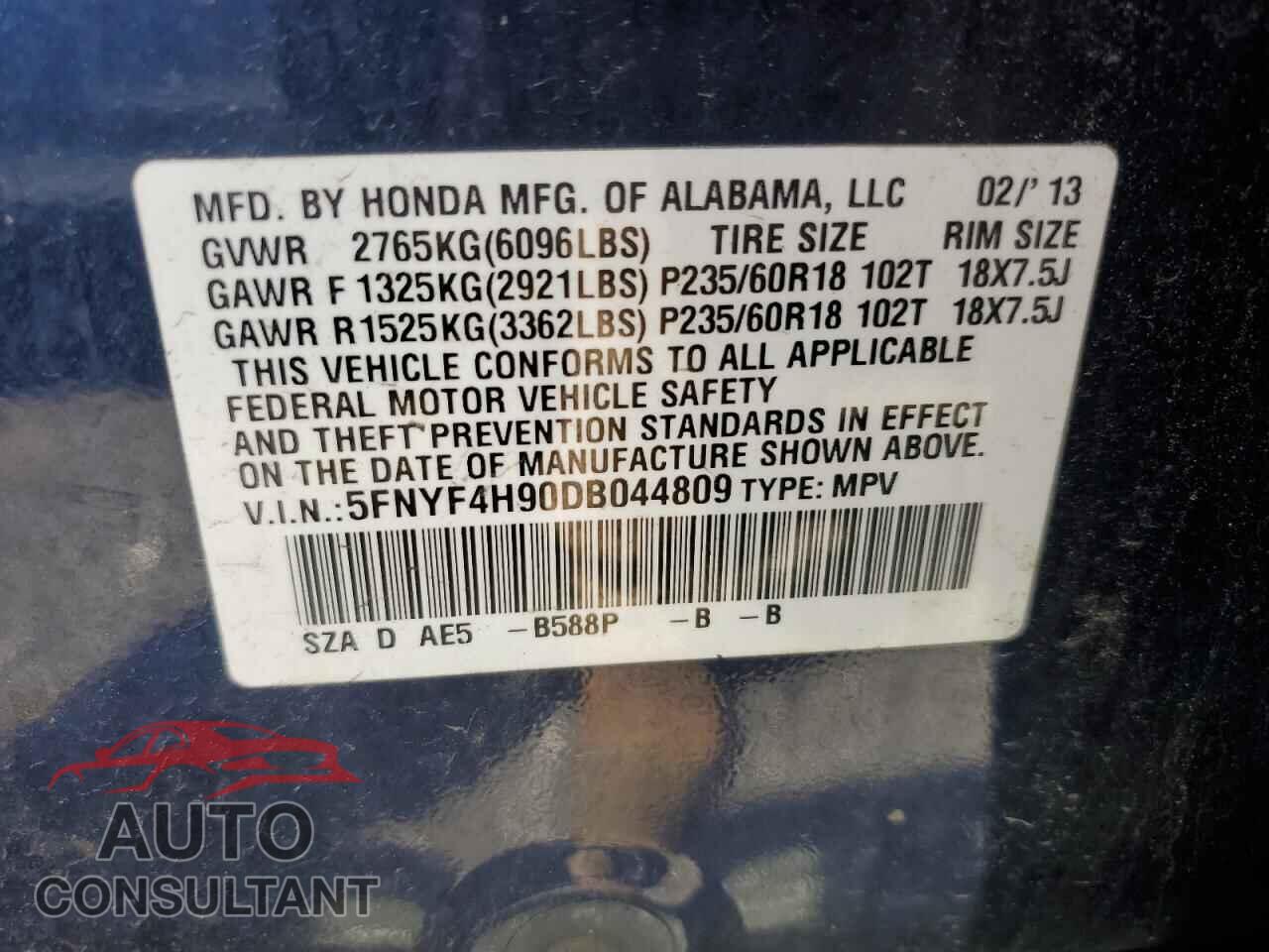 HONDA PILOT 2013 - 5FNYF4H90DB044809