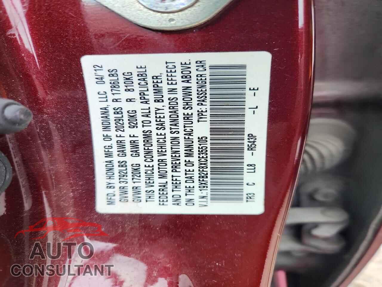 HONDA CIVIC 2012 - 19XFB2F8XCE355105