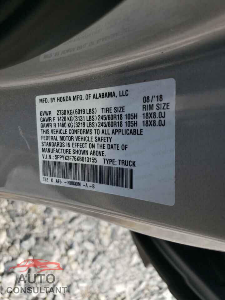 HONDA RIDGELINE 2019 - 5FPYK3F76KB013155