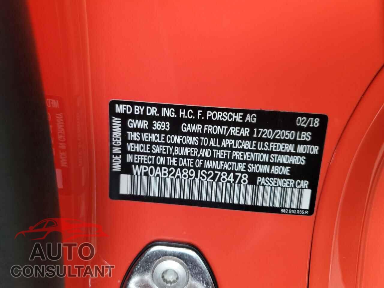 PORSCHE CAYMAN 2018 - WP0AB2A89JS278478