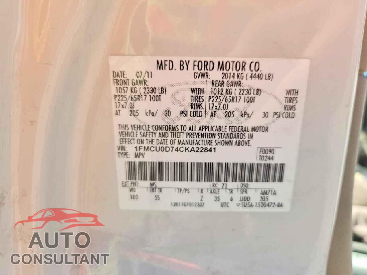 FORD ESCAPE 2012 - 1FMCU0D74CKA22841