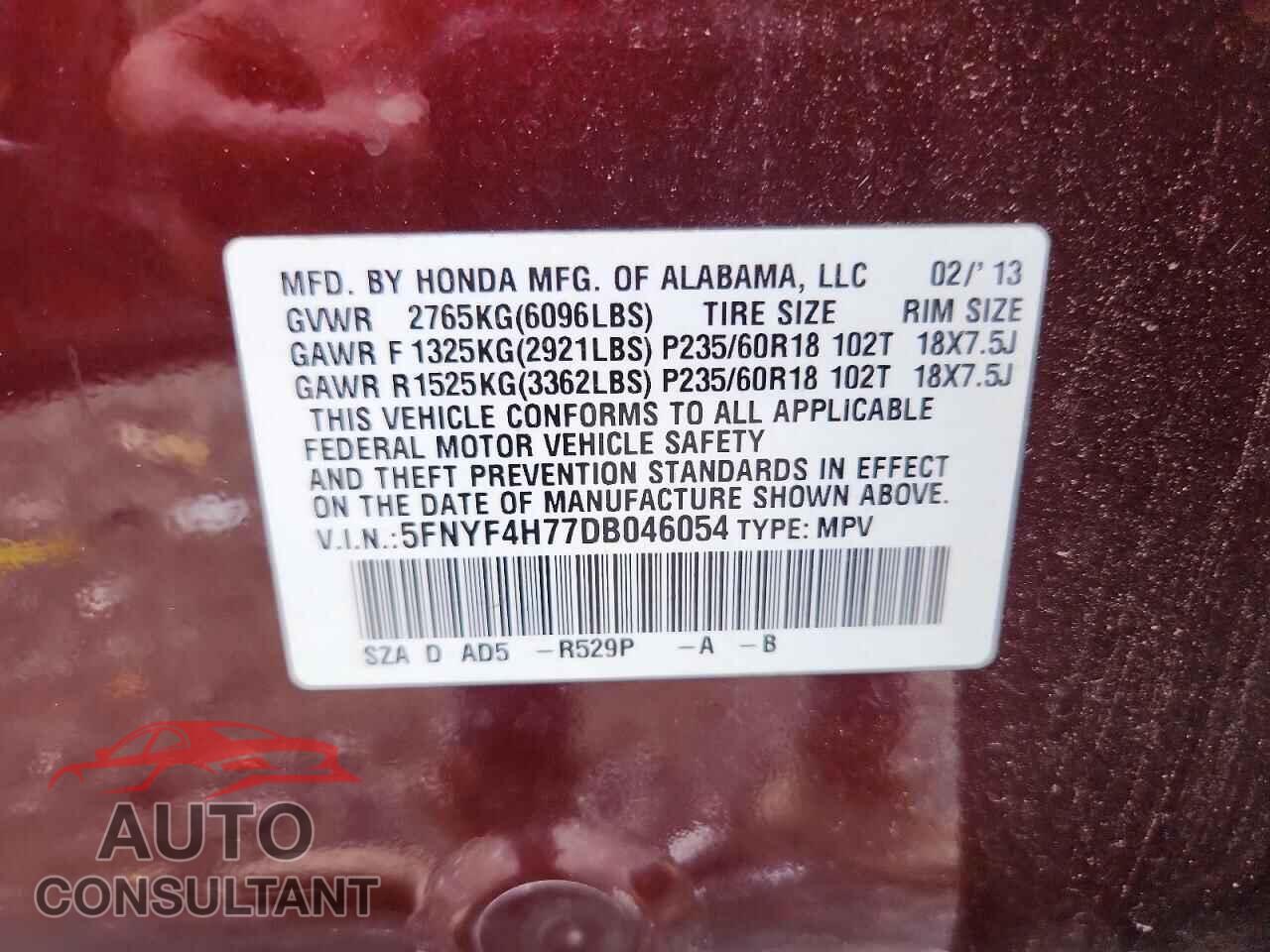 HONDA PILOT 2013 - 5FNYF4H77DB046054