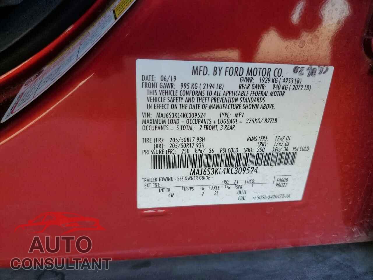 FORD ECOSPORT 2019 - MAJ6S3KL4KC309524